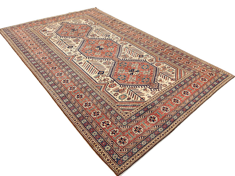 7x11 Ivory and Red Turkish Tribal Rug