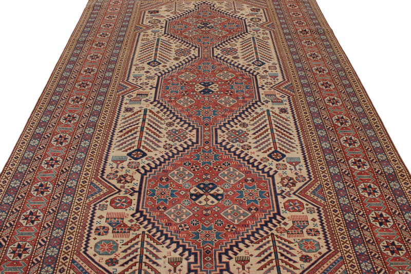 7x11 Ivory and Red Turkish Tribal Rug