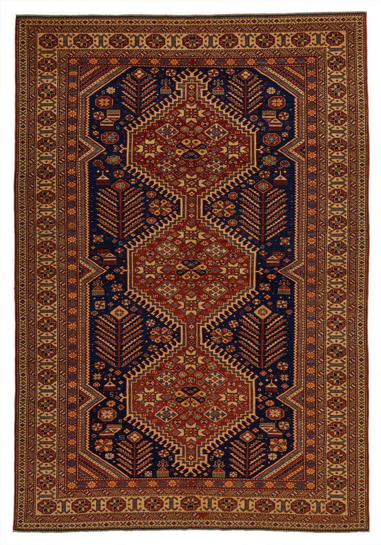 7x10 Navy and Ivory Turkish Tribal Rug