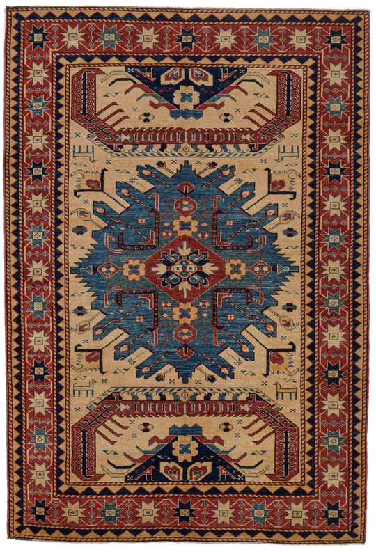 5x7 Ivory and Red Turkish Tribal Rug