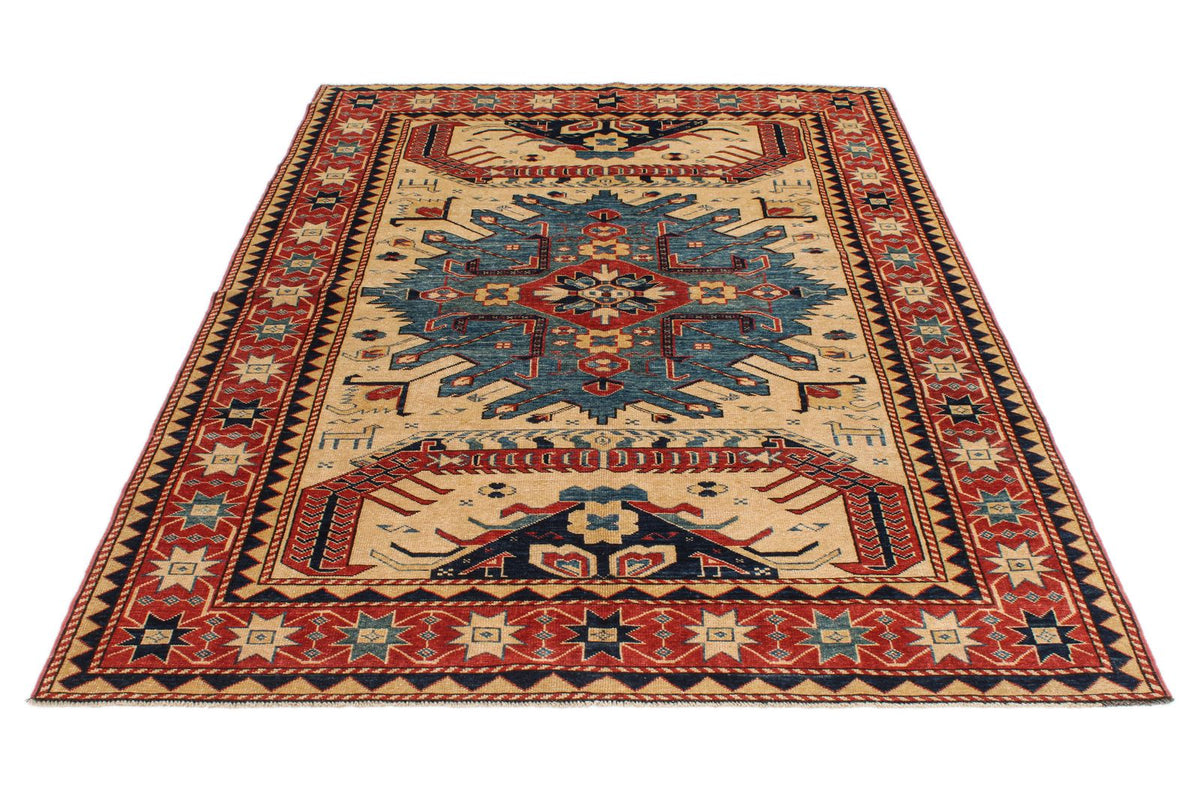 5x7 Ivory and Red Turkish Tribal Rug
