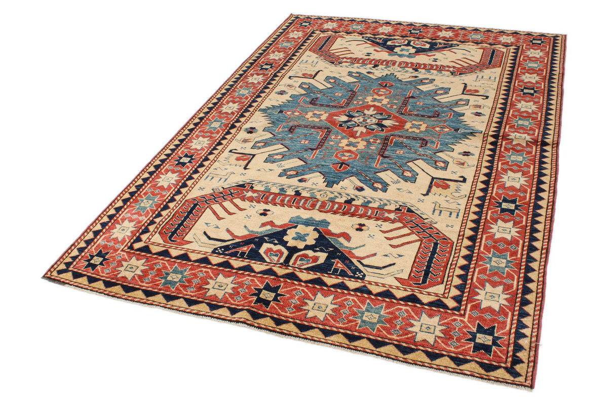 5x7 Ivory and Red Turkish Tribal Rug