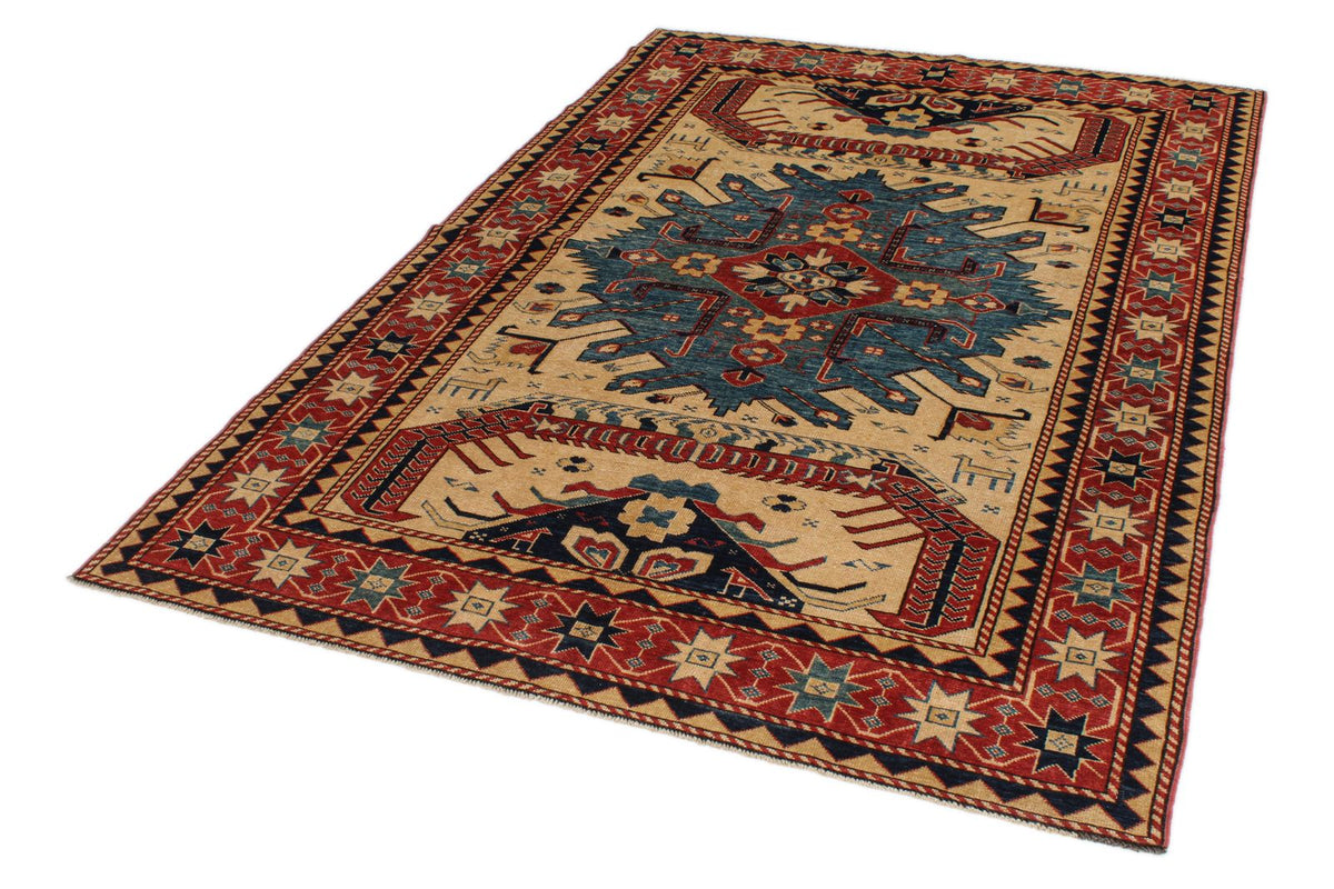5x7 Ivory and Red Turkish Tribal Rug
