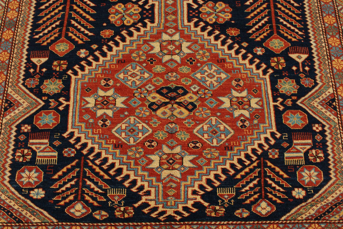 7x10 Navy and Ivory Turkish Tribal Rug