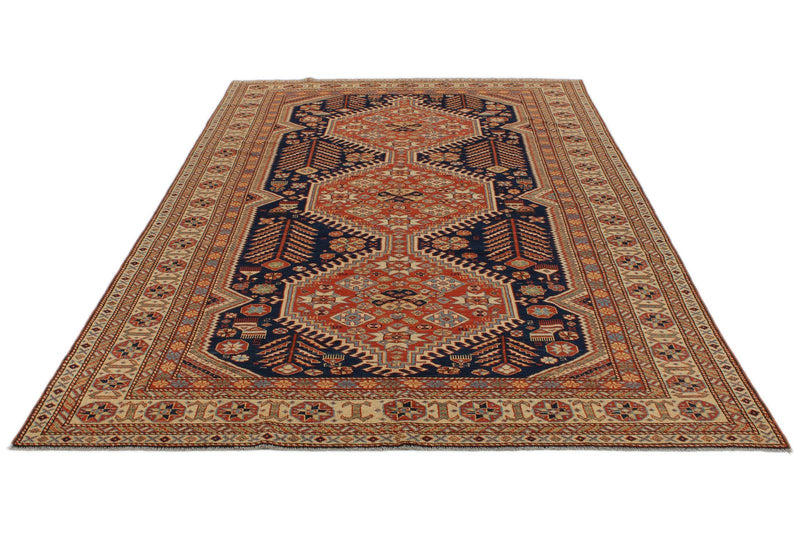7x10 Navy and Ivory Turkish Tribal Rug