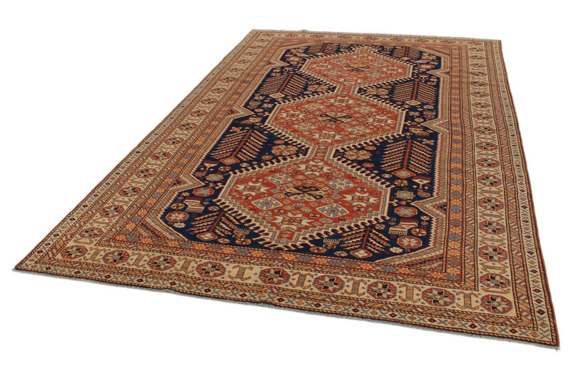 7x10 Navy and Ivory Turkish Tribal Rug