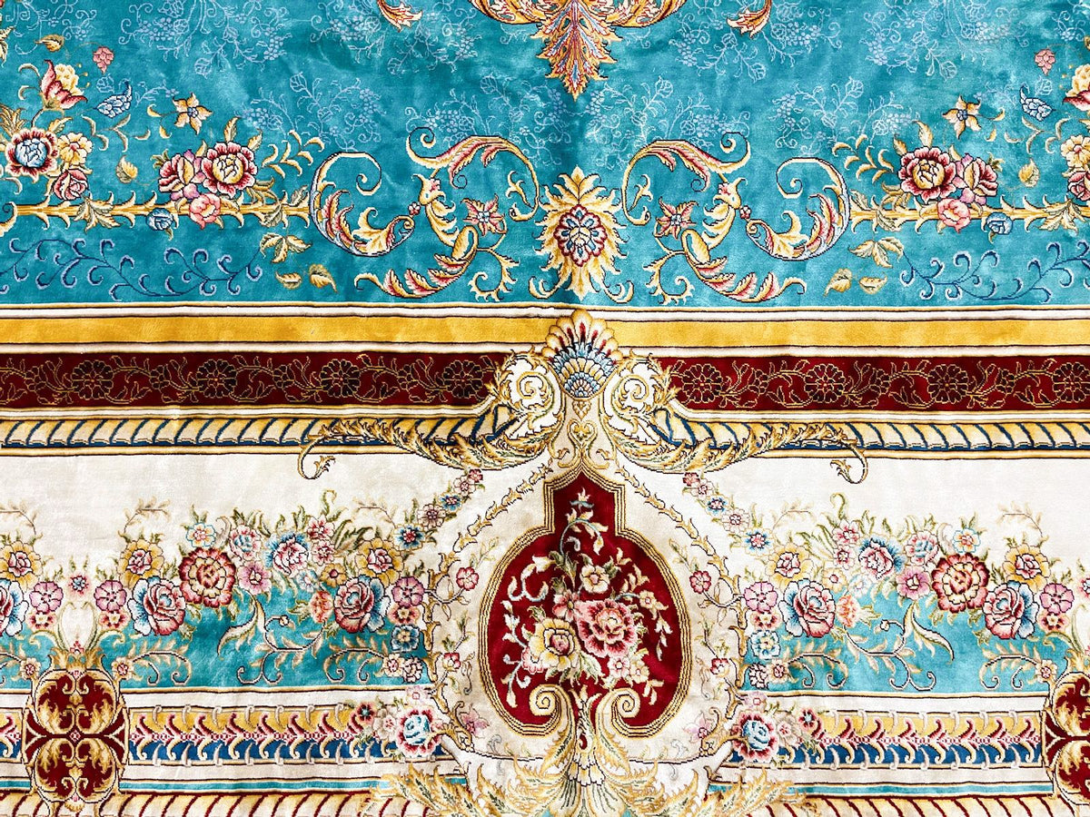 9x12 Turquoıse and Ivory Turkish Silk Rug