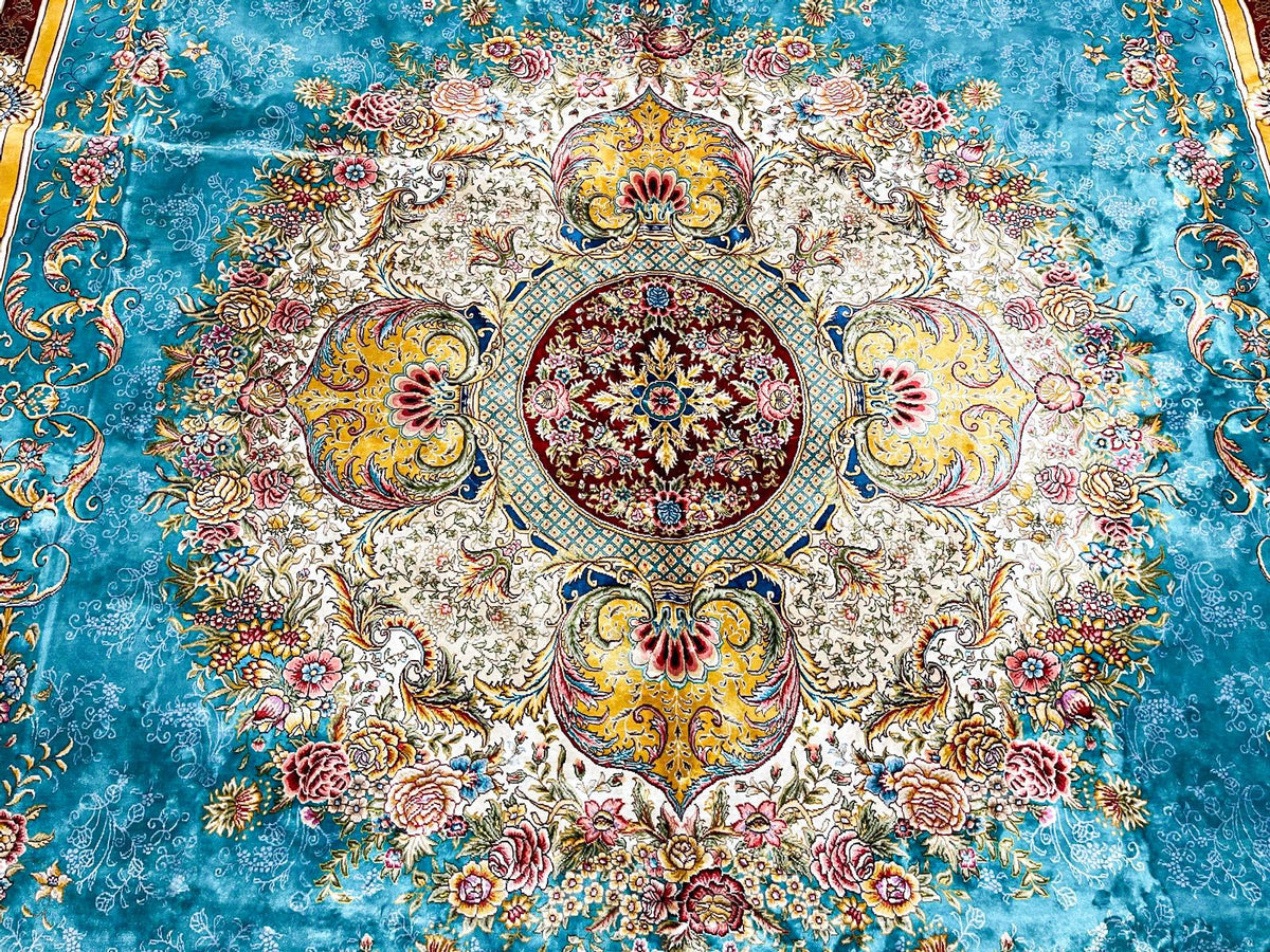 9x12 Turquoıse and Ivory Turkish Silk Rug