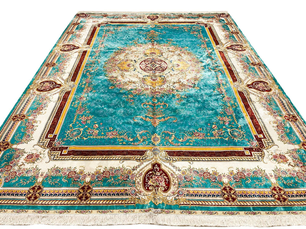 9x12 Turquoıse and Ivory Turkish Silk Rug