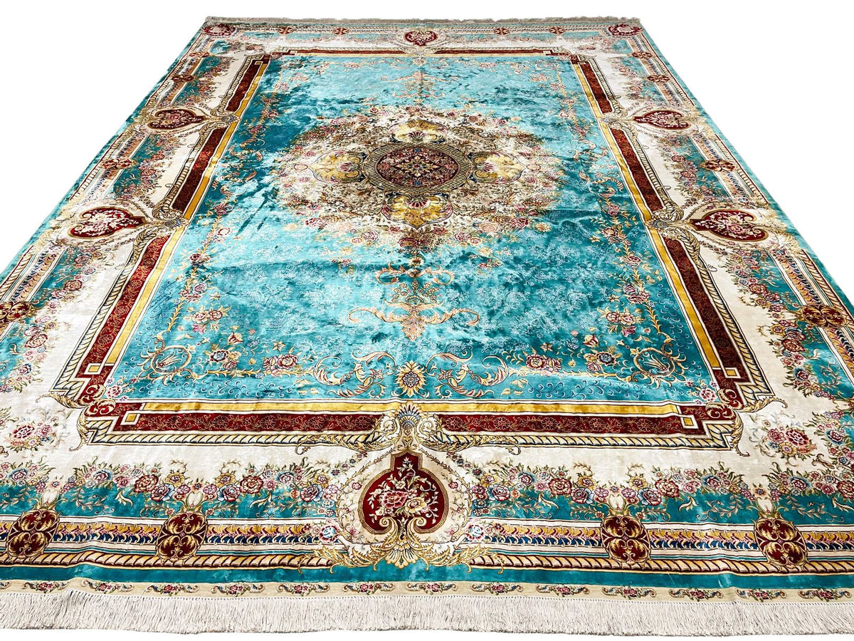 9x12 Turquoıse and Ivory Turkish Silk Rug