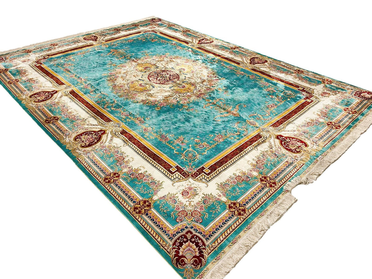 9x12 Turquoıse and Ivory Turkish Silk Rug