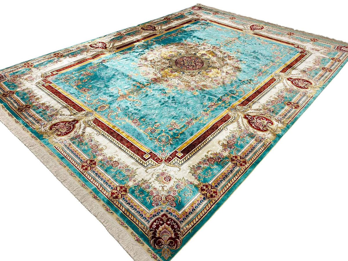 9x12 Turquoıse and Ivory Turkish Silk Rug