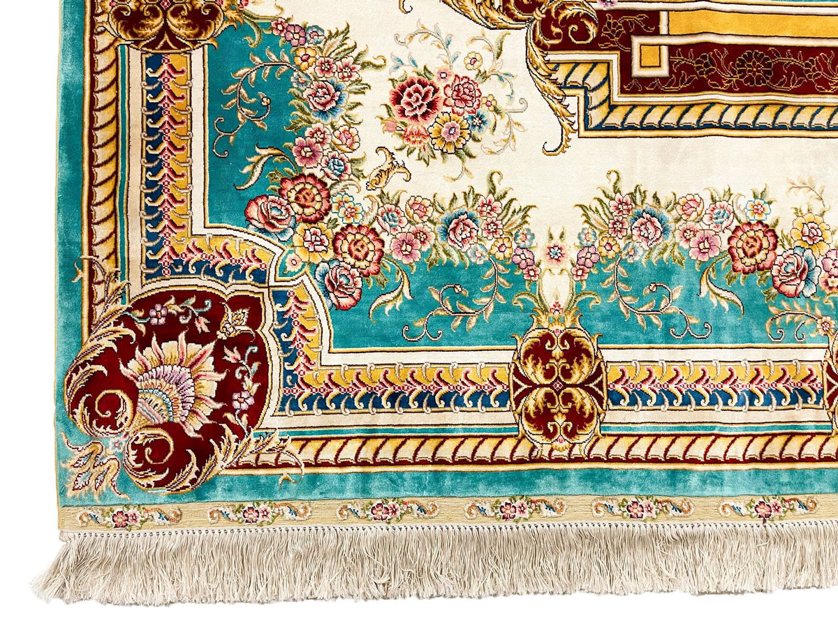 9x12 Turquoıse and Ivory Turkish Silk Rug