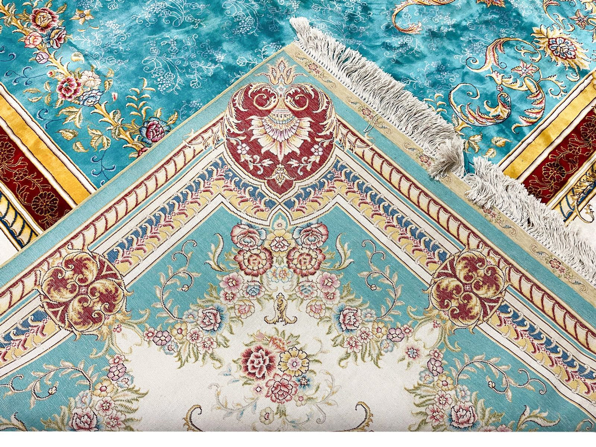 9x12 Turquoıse and Ivory Turkish Silk Rug