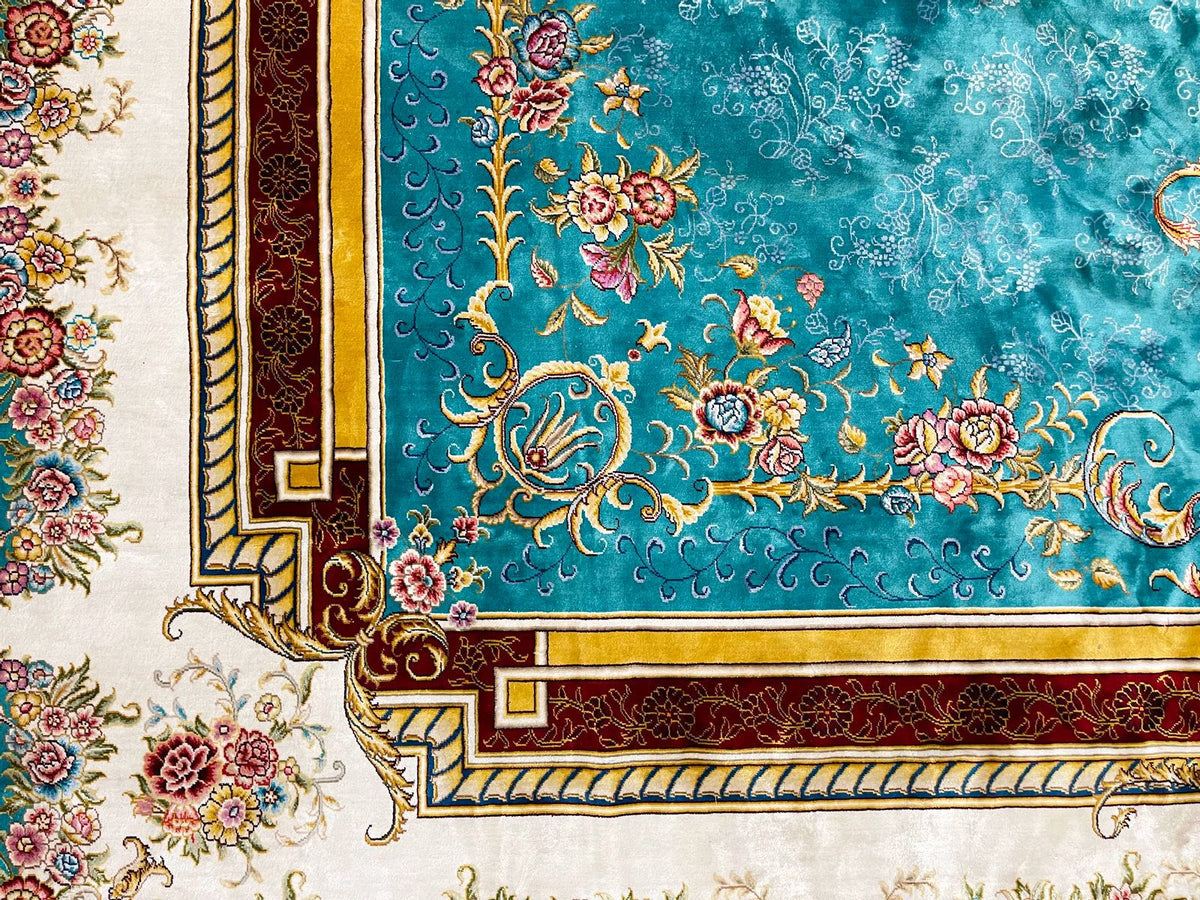 9x12 Turquoıse and Ivory Turkish Silk Rug