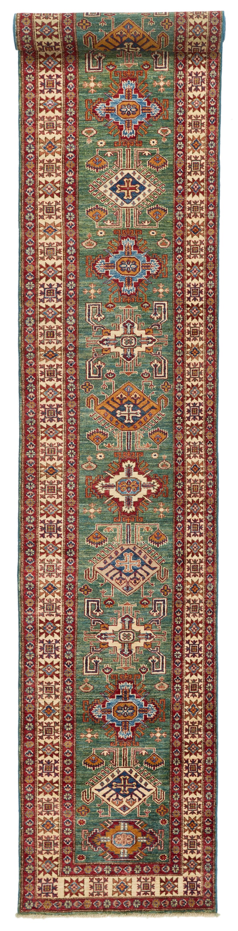 3x20 Green and Ivory Kazak Tribal Runner