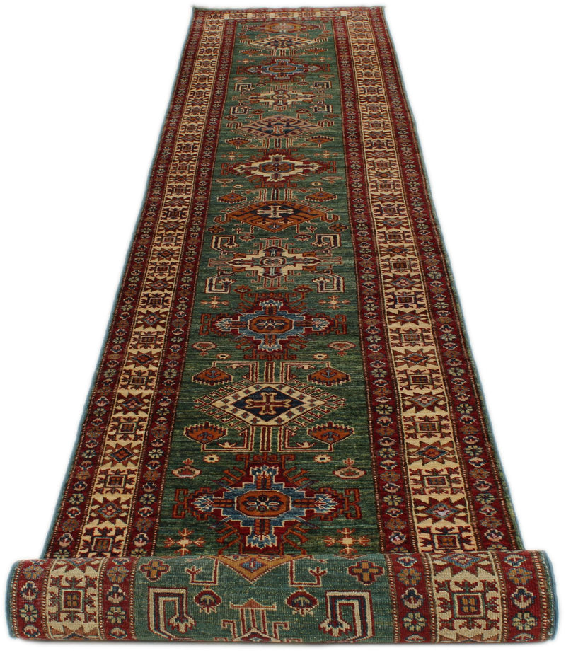 3x20 Green and Ivory Kazak Tribal Runner