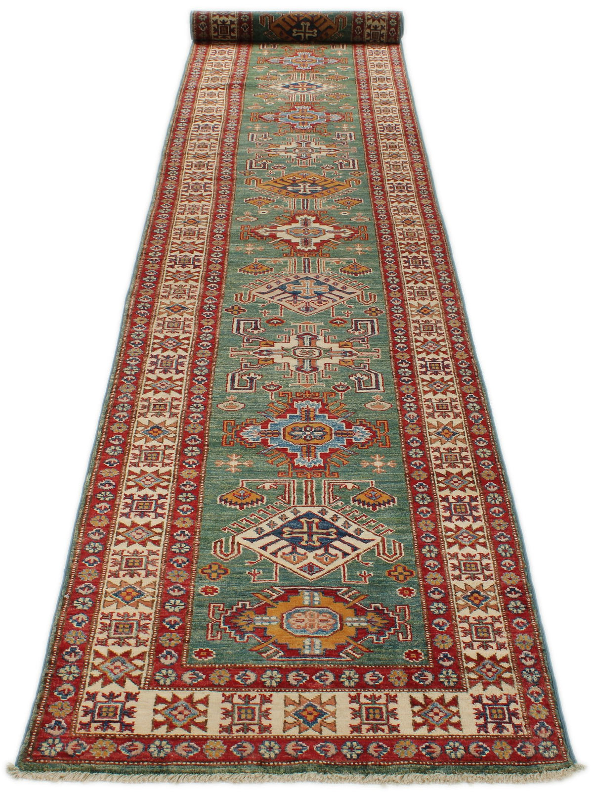 3x20 Green and Ivory Kazak Tribal Runner