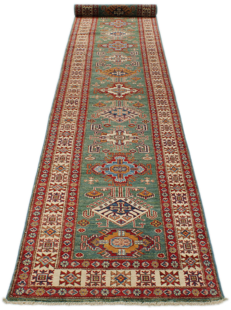 3x20 Green and Ivory Kazak Tribal Runner