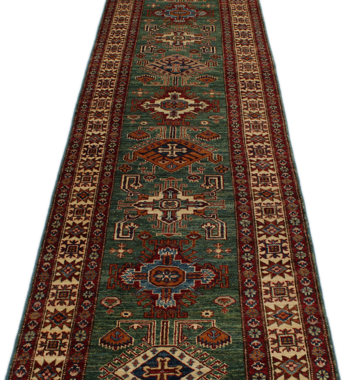 3x20 Green and Ivory Kazak Tribal Runner