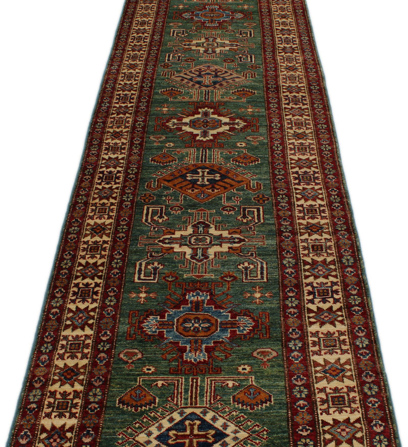 3x20 Green and Ivory Kazak Tribal Runner