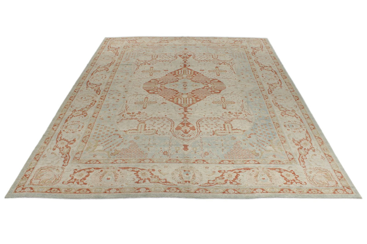 11x14 Blue and Ivory Turkish Oushak Rug