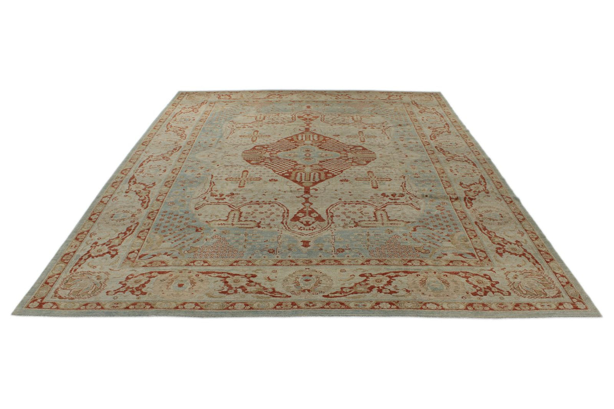 11x14 Blue and Ivory Turkish Oushak Rug