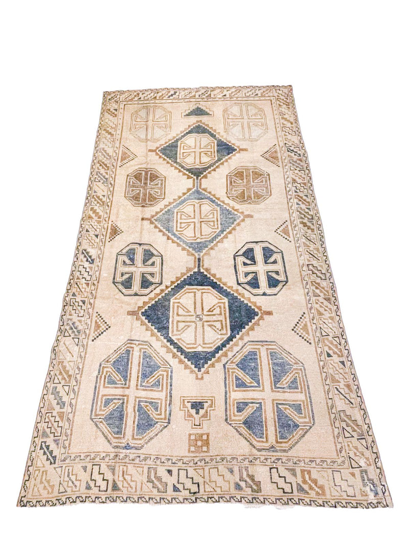 4x7 Ivory and Blue Turkish Tribal Rug