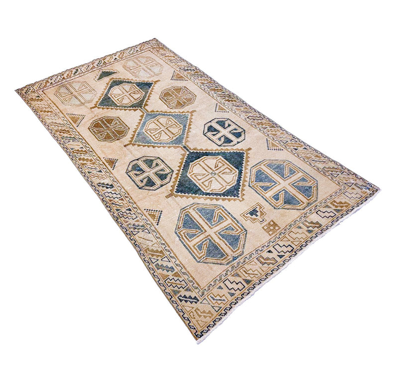 4x7 Ivory and Blue Turkish Tribal Rug