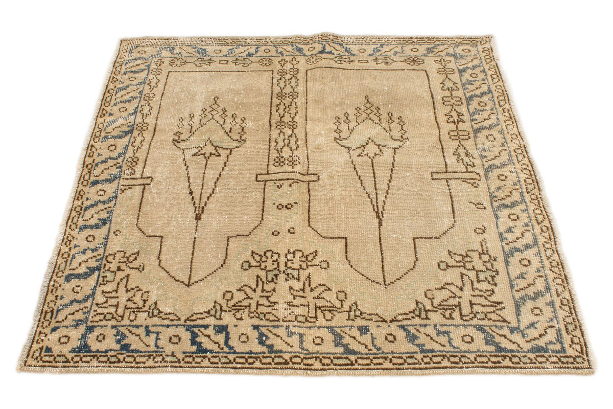 4x4 Ivory and Blue Turkish Tribal Rug