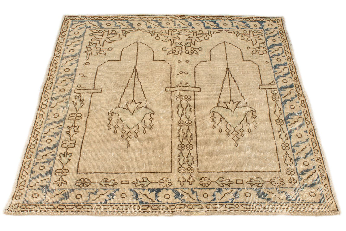 4x4 Ivory and Blue Turkish Tribal Rug