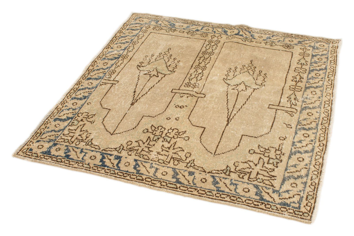 4x4 Ivory and Blue Turkish Tribal Rug