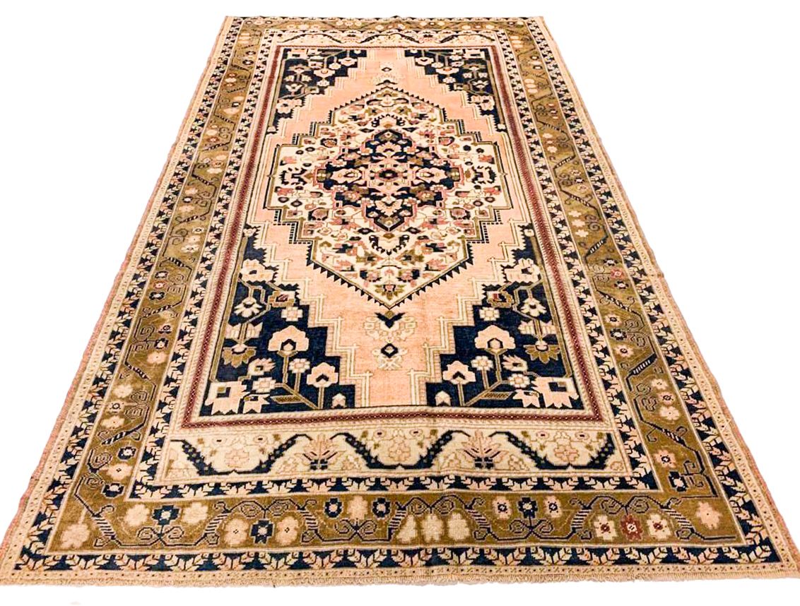 6x9 Navy and Peach Anatolian Turkish Tribal Rug