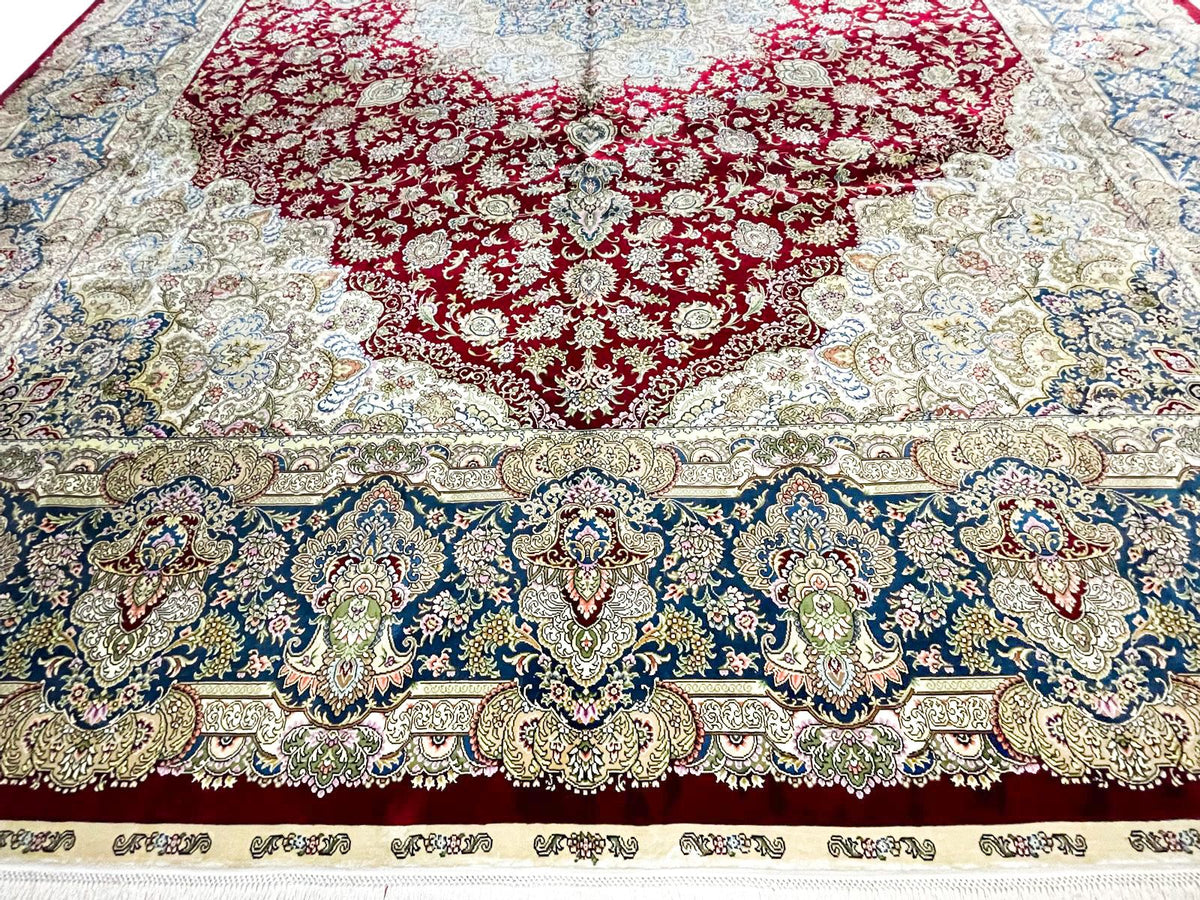 9x12 Red and Blue Turkish Silk Rug