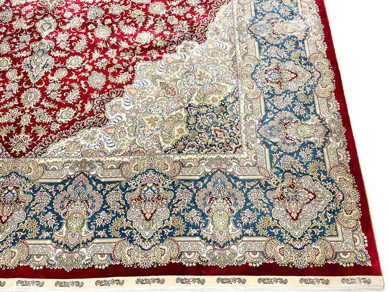9x12 Red and Blue Turkish Silk Rug