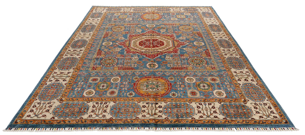 8x10 Light Blue and Ivory Turkish Tribal Rug