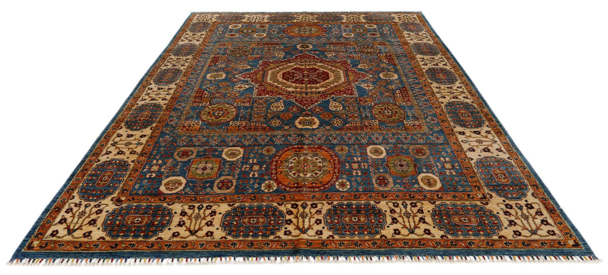 8x10 Light Blue and Ivory Turkish Tribal Rug