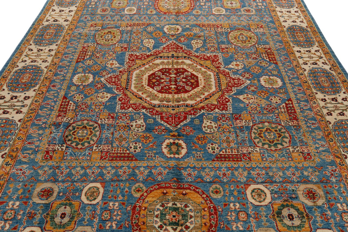 8x10 Light Blue and Ivory Turkish Tribal Rug