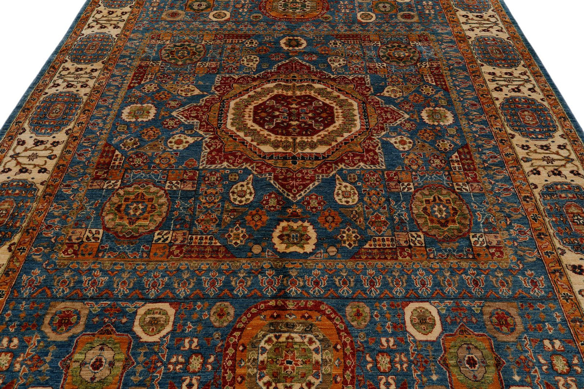 8x10 Light Blue and Ivory Turkish Tribal Rug