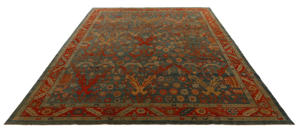 9x10 Green and Red Turkish Traditional Rug