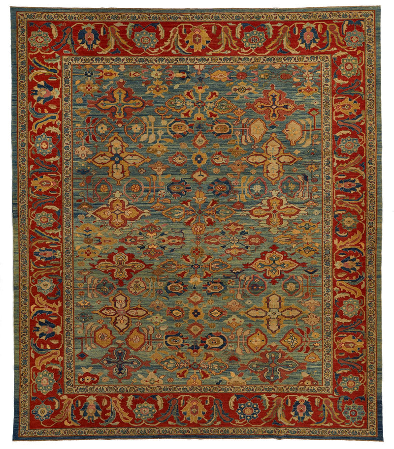 9x10 Red and Blue Turkish Traditional Rug
