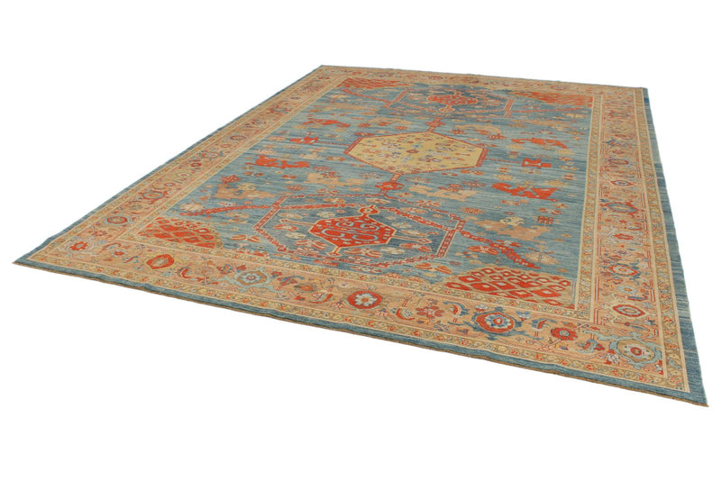 9x12 Blue and Light Peach Turkish Traditional Rug