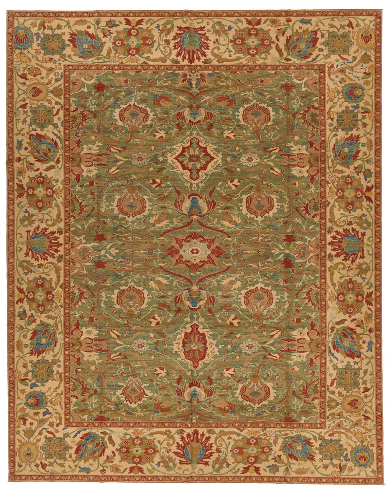 9x12 Green and White Turkish Traditional Rug