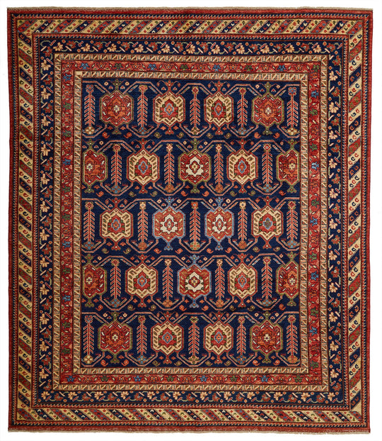 8x9 Navy and Multicolor Turkish Tribal Rug