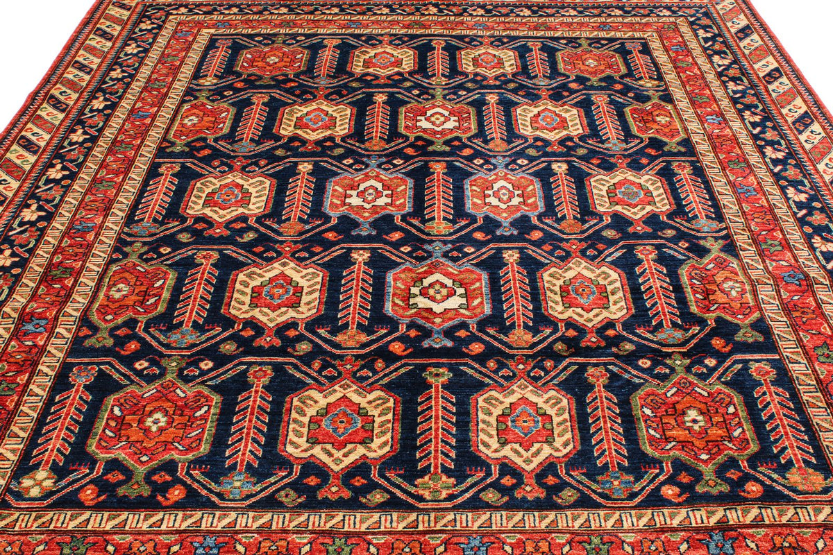 8x9 Navy and Multicolor Turkish Tribal Rug