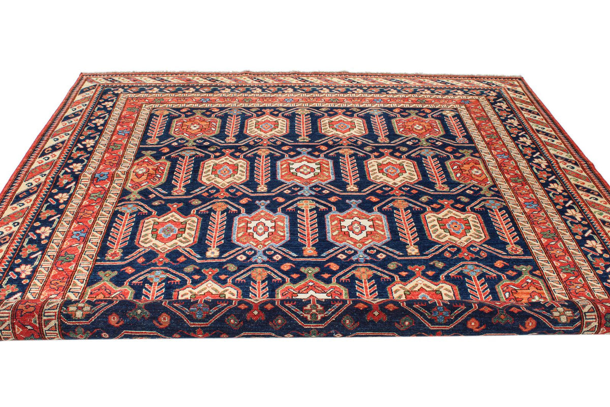 8x9 Navy and Multicolor Turkish Tribal Rug