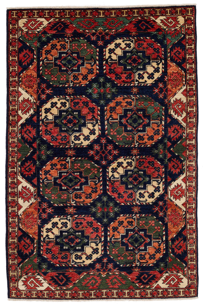 4x6 Navy and Multicolor Turkish Tribal Rug