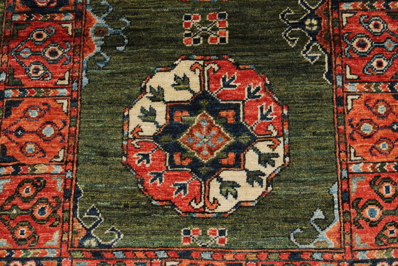 3x4 Green and Red Turkish Tribal Rug