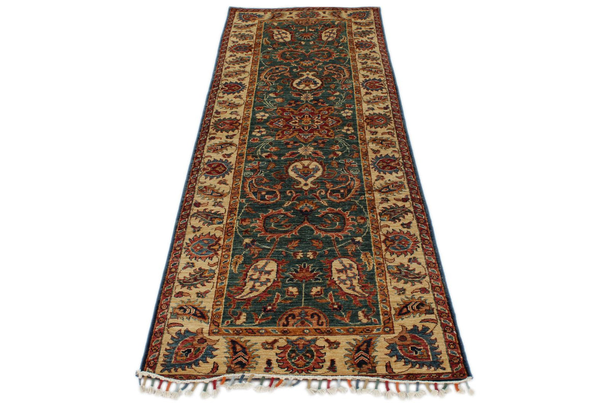 3x9 Green and Ivory Anatolian Traditional Runner