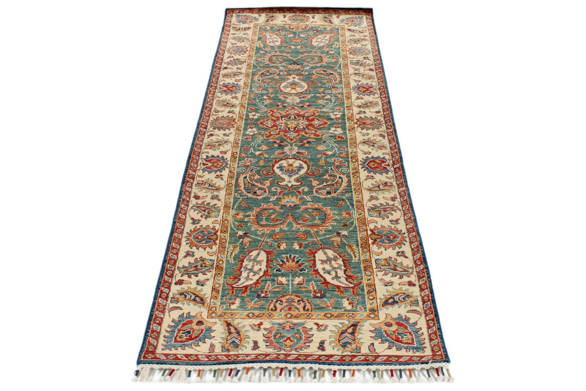 3x9 Green and Ivory Anatolian Traditional Runner